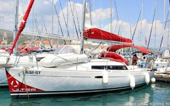 Segelboot Beneteau Oceanis 31 von der Backbordseite im Yachthafen von Trogir, Kroatien